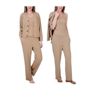 NWT Live 2 Lounge Womens 3-Piece Textured Lounge Set Tan L Cardigan Tank Pants